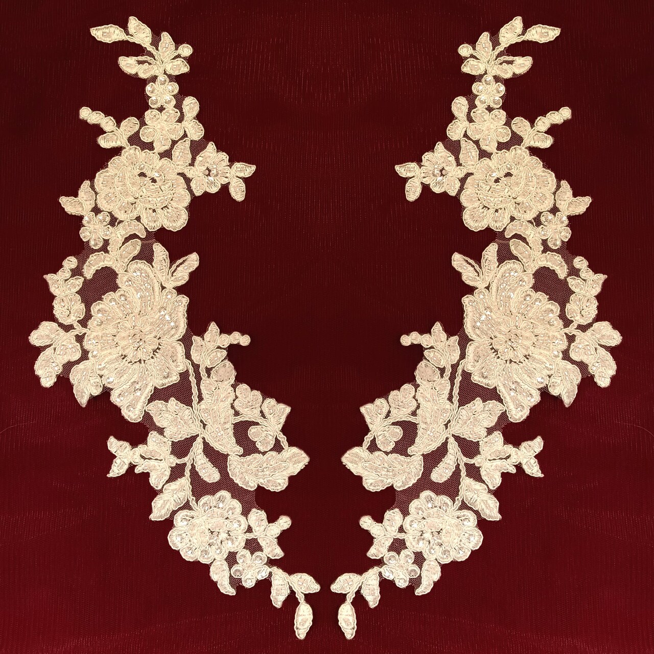 1 Pair Beaded & Corded Floral Lace Applique on 100% Polyester Net Mesh 13" x 3" Each Side